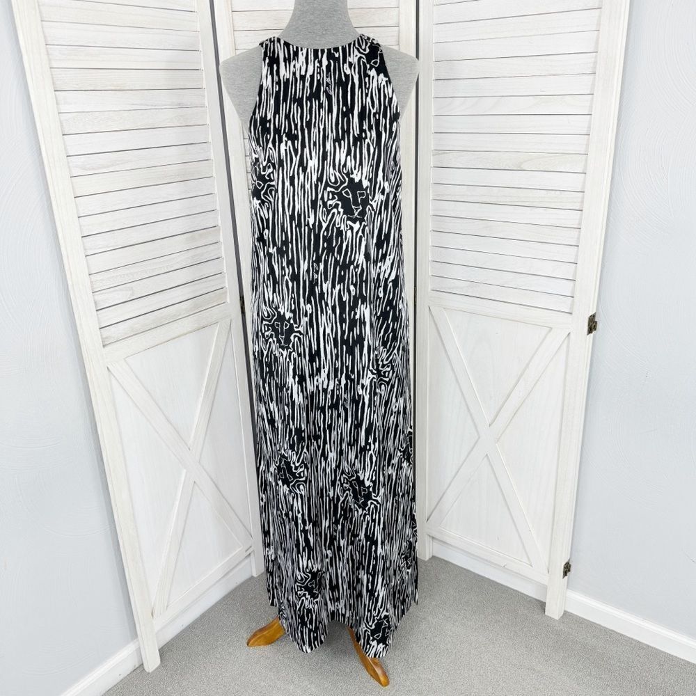 Anne Klein Lion Head Logo Print Shift Slip Maxi Dress Black White 6 Sleeveless